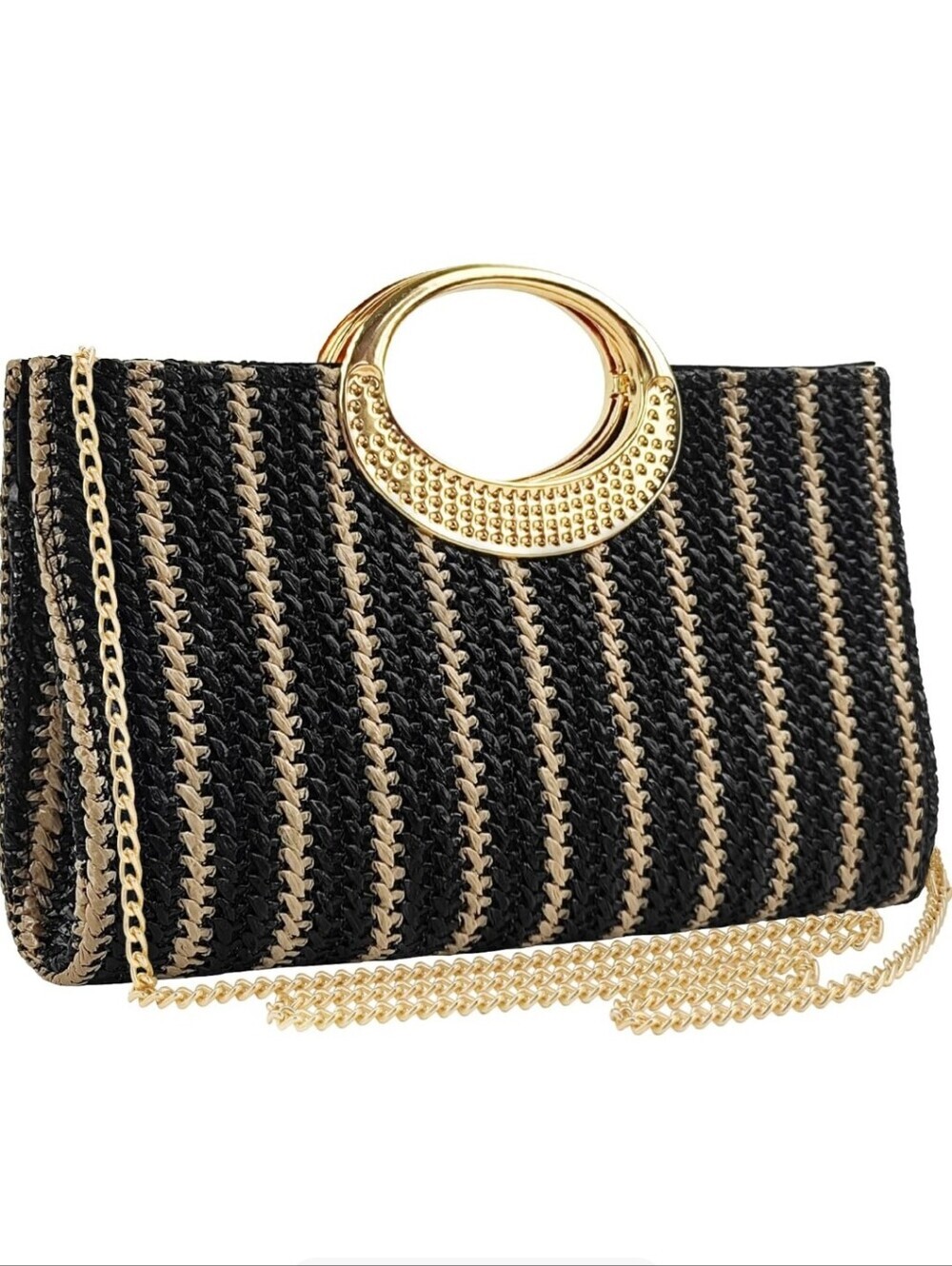 Unbranded Black & Tan Striped Woven Evening Clutch with Gold Ring Handle